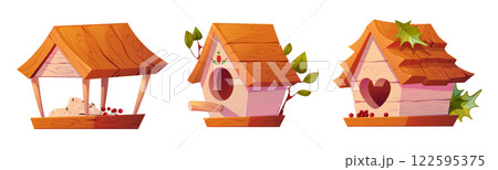Cartoon birdhouse and feeder set Cartoon birdhouse and feeder set 122595375