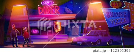 Cartoon diner cafe at night with people 122595395