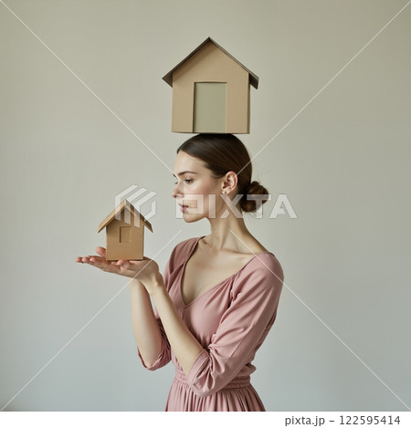 A woman balances a house on her head, 122595414
