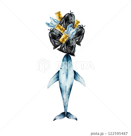 Blue whale carries a mountain of garbage. Bags filled with trash, rusty oil barrels. Watercolor hand drawn illustration isolated on background. For designers, postcards, greetings, birthday, calendar 122595487