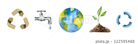 Arrow symbol set. A drop of pure water dripping from the tap. Watercolor hand drawn Planet earth, brown recycling sign illustration isolated on background. Agriculture, organic gardening, planting or 122595488