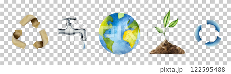 Arrow symbol set. A drop of pure water dripping from the tap. Watercolor hand drawn Planet earth, brown recycling sign illustration isolated on background. Agriculture, organic gardening, planting or 122595488