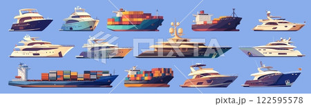 yachts cartoon set. sea cargo ship, yacht motor luxury boat industry delivery import export logistics transportation cruise travel vacation vector illustration yachts cartoon set. sea cargo ship, yacht motor luxury boat industry delivery import export logistics transportation cruise travel vacation vector illustration 122595578