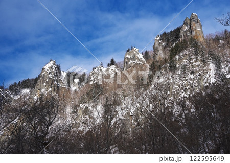 厳冬の北海道国道273号線　層雲峡の一般国道から岩峰群を望む 122595649