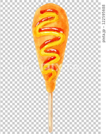 A simple illustration of a corn dog seen from directly above (ketchup and mustard) A simple illustration of a corn dog seen from directly above (ketchup and mustard) 122595688