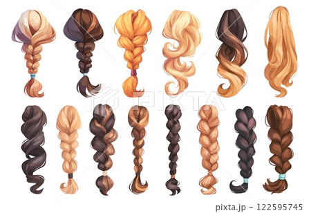 long hair cartoon set. female strand hairstyle pigtail ponytail, blonde brunette brown-haired redhead styling weaving wig from behind beauty vector illustration 122595745
