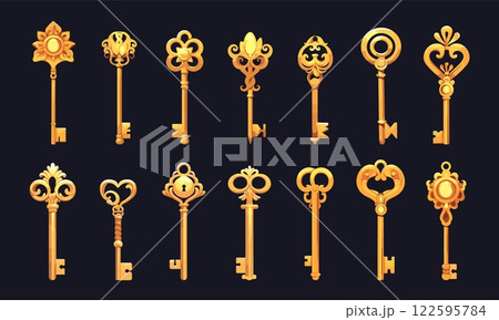 golden keys set cartoon. key, gold old metal vintage fantasy game treasure hoard object vector illustration 122595784