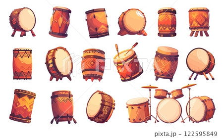 drums set cartoon. drum kit, african red orange traditional musical percussion instrument tribal ethnic culture bass beat sound vector illustration drums set cartoon. drum kit, african red orange traditional musical percussion instrument tribal ethnic culture bass beat sound vector illustration 122595849