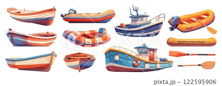 boats cartoon set. boat, motorboat motor inflatable rubber wooden paddle fishing transport watercraft vector illustration 122595906