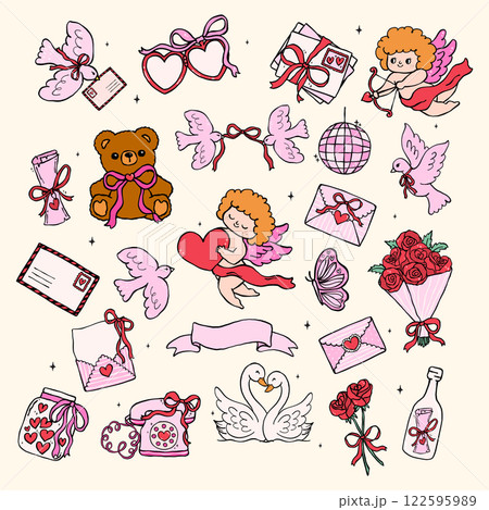 Retro Valentine Nostalgic element set Illustration in a Wavy Hand Drawn Style Vibrant and Playful Retro Valentine Nostalgic element set Illustration in a Wavy Hand Drawn Style Vibrant and Playful 122595989