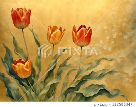 和風水彩画　金地　チューリップ 122596347