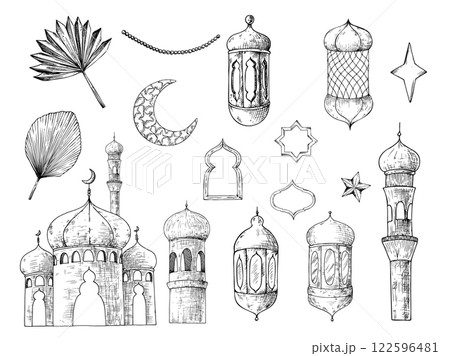 Vector set of Islamic arabian lanterns, pampas grass, stars. Graphic illustration isolated on background. Muslim hand drawn line sketch, holiday Ramadan Kareem or Eid Al Adha 2025. For designers Vector set of Islamic arabian lanterns, pampas grass, stars. Graphic illustration isolated on background. Muslim hand drawn line sketch, holiday Ramadan Kareem or Eid Al Adha 2025. For designers 122596481