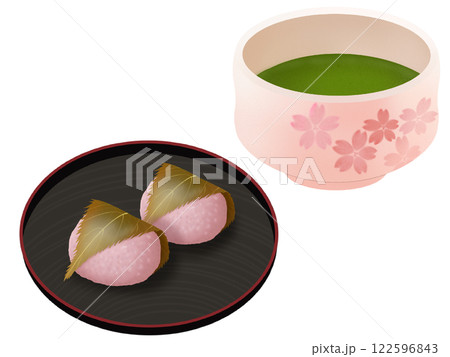 お皿にのった関西風の桜餅と抹茶 お皿にのった関西風の桜餅と抹茶 122596843
