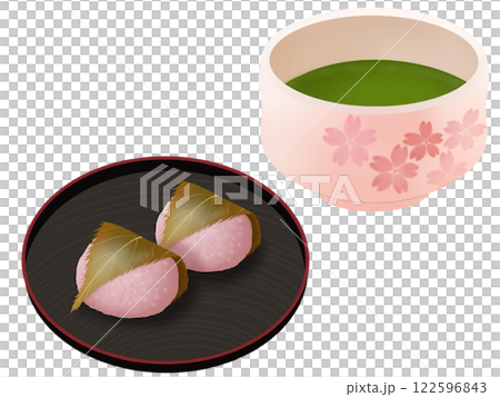 Kansai-style sakura mochi and matcha on a plate 122596843