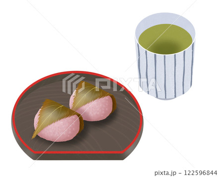 お皿にのった関西風の桜餅とお茶 お皿にのった関西風の桜餅とお茶 122596844