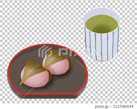 お皿にのった関西風の桜餅とお茶 お皿にのった関西風の桜餅とお茶 122596844