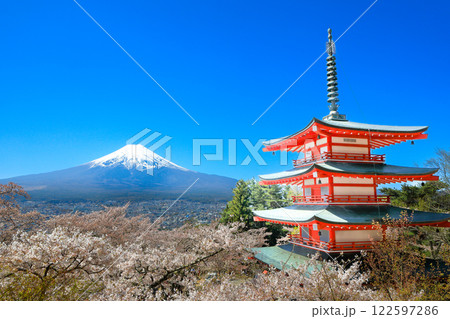 満開桜の新倉山浅間神社忠霊塔と富士山の絶景 122597286