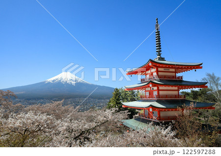 満開桜の新倉山浅間神社忠霊塔と富士山の絶景 満開桜の新倉山浅間神社忠霊塔と富士山の絶景 122597288