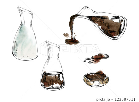 Transparent glass jar jug bottle empty, with soy teriyaki sauce coffee, ceramic bowl. Set of elements hand drawn in watercolor and ink for wedding, cards, spa, florist shop, cafe restaurant, commerce. Transparent glass jar jug bottle empty, with soy teriyaki sauce coffee, ceramic bowl. Set of elements hand drawn in watercolor and ink for wedding, cards, spa, florist shop, cafe restaurant, commerce. 122597311