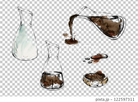Transparent glass jar jug bottle empty, with soy teriyaki sauce coffee, ceramic bowl. Set of elements hand drawn in watercolor and ink for wedding, cards, spa, florist shop, cafe restaurant, commerce. Transparent glass jar jug bottle empty, with soy teriyaki sauce coffee, ceramic bowl. Set of elements hand drawn in watercolor and ink for wedding, cards, spa, florist shop, cafe restaurant, commerce. 122597311