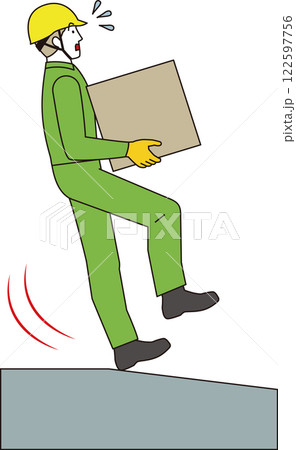 現場作業の危険な場面。荷物を持った作業員がスリップして転倒しそうなイラスト 現場作業の危険な場面。荷物を持った作業員がスリップして転倒しそうなイラスト 122597756