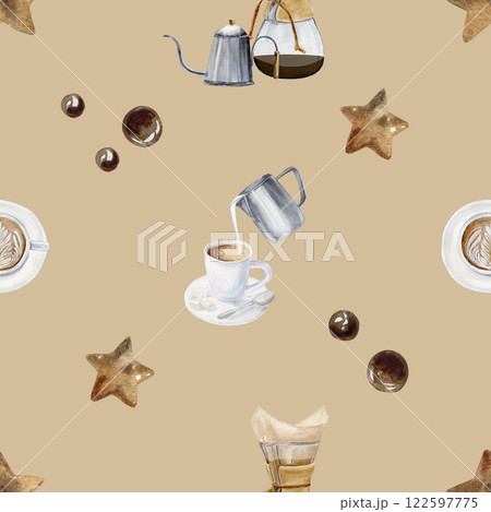 Seamless pattern with kettle and pour over (v60) with brewed coffee, espresso on a saucer with spoon, refined sugar with added milk 122597775