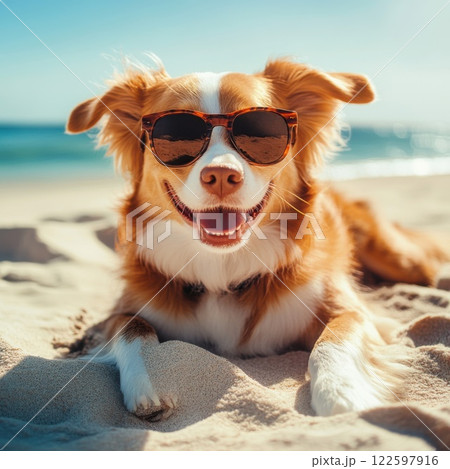 dog lying on a sunny beach, wearing stylish sunglasses and smiling as it looks directly into the camera 122597916