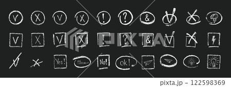 Hand drawn grunge texture tick, mark, checkboxes, correct or wrong symbols set. Chalk or crayon effect vector elements isolated on black background for underline in business presentation, checklist 122598369