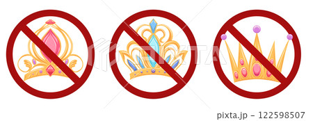 Vector set of prohibition signs with crowns. Monarchy in ban. Collection of forbidden stickers with luxurious tiaras. No queens and kings 122598507