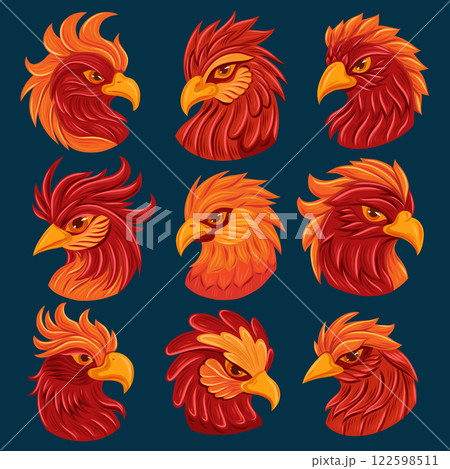 Vector collection of red phoenix portraits on dark background. Set of fable parrot heads in cartoon fantasy style. Hand drawn fire birds 122598511