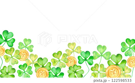 Shamrock and four leaf clover with gold coins for Patricks Day. Horizontal frame. Watercolor illustrations. Hand drawn isolated art. Background with space for text. Sketch of luck, profit, success. 122598533