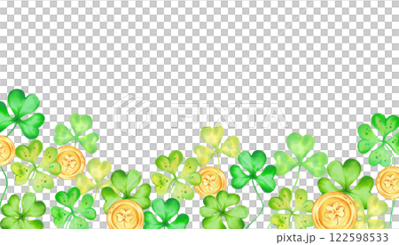 Shamrock and four leaf clover with gold coins for Patricks Day. Horizontal frame. Watercolor illustrations. Hand drawn isolated art. Background with space for text. Sketch of luck, profit, success. 122598533