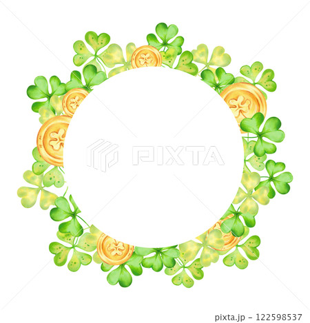 Shamrock and four leaf clover with gold coins for St. Patrick's Day. Round frame. Watercolor illustrations. Hand drawn isolated art. Background with space for text. Sketch of luck, profit, success. Shamrock and four leaf clover with gold coins for St. Patrick's Day. Round frame. Watercolor illustrations. Hand drawn isolated art. Background with space for text. Sketch of luck, profit, success. 122598537