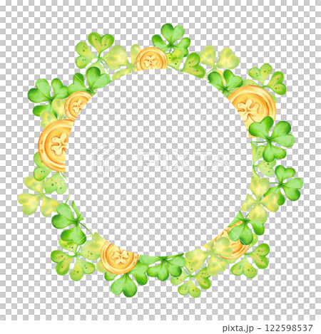 Shamrock and four leaf clover with gold coins for St. Patrick's Day. Round frame. Watercolor illustrations. Hand drawn isolated art. Background with space for text. Sketch of luck, profit, success. Shamrock and four leaf clover with gold coins for St. Patrick's Day. Round frame. Watercolor illustrations. Hand drawn isolated art. Background with space for text. Sketch of luck, profit, success. 122598537