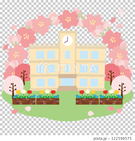 桜いっぱいの春の学校のベクターイラスト（入学式・卒業式に対応可能） 122598575