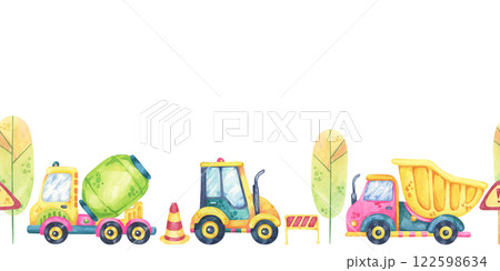 Excavators, trees, and trucks in vibrant hues. Seamless border construction site, toys watercolor clipart. Perfect for kids party supplies, wall decals, or custom gift wrap designs. Excavators, trees, and trucks in vibrant hues. Seamless border construction site, toys watercolor clipart. Perfect for kids party supplies, wall decals, or custom gift wrap designs. 122598634