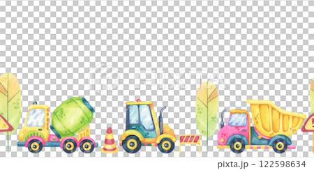 Excavators, trees, and trucks in vibrant hues. Seamless border construction site, toys watercolor clipart. Perfect for kids party supplies, wall decals, or custom gift wrap designs. 122598634