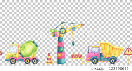 Cranes, dump trucks, and construction barriers. Seamless border construction site, toys watercolor clipart. Suitable for branding materials, nursery designs, or engineering-themed packaging Cranes, dump trucks, and construction barriers. Seamless border construction site, toys watercolor clipart. Suitable for branding materials, nursery designs, or engineering-themed packaging 122598635