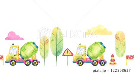 Green cement mixers, road signs, and pastel clouds. Seamless border construction site, toys watercolor clipart. Perfect for event invitations, educational materials, or themed wrapping paper Green cement mixers, road signs, and pastel clouds. Seamless border construction site, toys watercolor clipart. Perfect for event invitations, educational materials, or themed wrapping paper 122598637