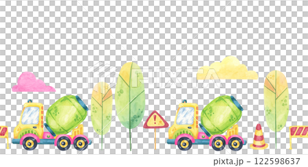 Green cement mixers, road signs, and pastel clouds. Seamless border construction site, toys watercolor clipart. Perfect for event invitations, educational materials, or themed wrapping paper 122598637