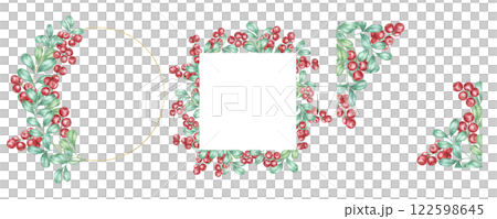 A collection of square, round, and rectangular watercolor frames featuring red berries and green foliage. Ideal for holiday cards, product packaging, and Nordic-inspired digital projects A collection of square, round, and rectangular watercolor frames featuring red berries and green foliage. Ideal for holiday cards, product packaging, and Nordic-inspired digital projects 122598645