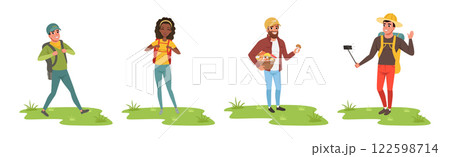 Man and Woman Tourist Hiking Have Adventure Vector Set Man and Woman Tourist Hiking Have Adventure Vector Set 122598714