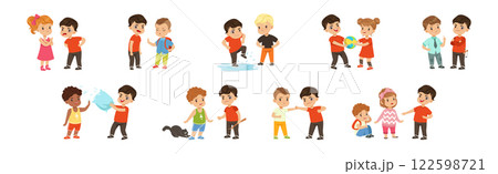 Warring Boy Kid Misbehave with Disobedient Behavior Vector Set 122598721