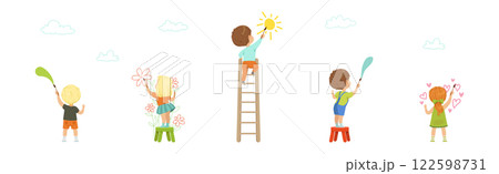 Kids Painting and Drawing with Brushes on Wall Vector Illustration Set Kids Painting and Drawing with Brushes on Wall Vector Illustration Set 122598731