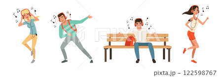 Happy People in Earphones Listen to Music Vector Set 122598767