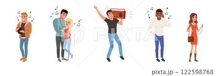 Happy People in Earphones Listen to Music Vector Set 122598768