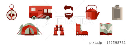 Camping Flat Red Icon and Expedition Element Vector Set 122598781