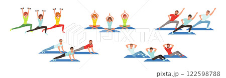 Happy Man and Woman Do Fitness Workout and Training Vector Set Happy Man and Woman Do Fitness Workout and Training Vector Set 122598788