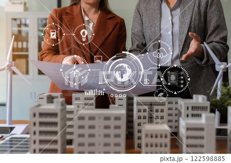 House model with agent asking costumer for contract to buy, get insurance or loan real estate or property. 122598885