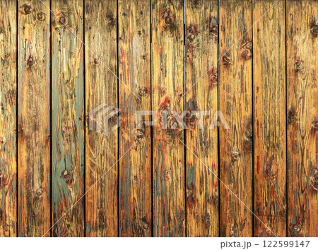 Wooden background. Surface of old rustic wooden fence with peeling paint and scratches Wooden background. Surface of old rustic wooden fence with peeling paint and scratches 122599147